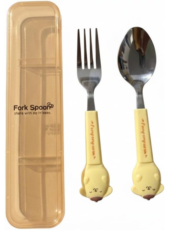 Happy Hugs Stainless Steel Fork and Spoon Cutlery Set with Case, Yellow color Dog Character Design, 2-Piece portable set - Image 1